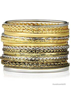 Mixed Metal Bangle Bracelet Stack Set 16 Pcs Indian Boho Vintage